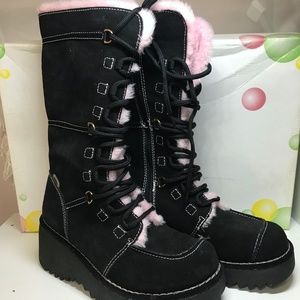 Black Suede Pink Fur-Lined Winter Boots Womens 6.5